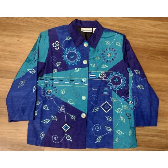 Draper's and Damon's Women's beaded sequin jacket Medium Blue Cotton Lightweight - Picture 2 of 16